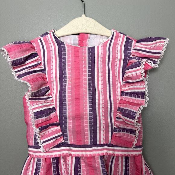 Vintage 70's Pinafore Dress Toddler Girl's Pink Purple Ruffle Stripe Summer Mini - Picture 2 of 8